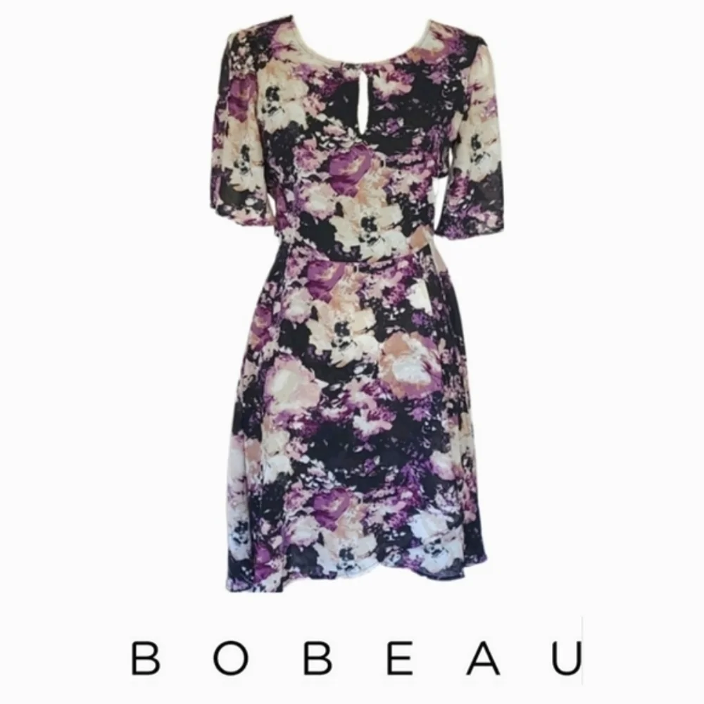 Retro Purple Black Cream Floral Print Short Sleeve Dress - Picture 1 of 5